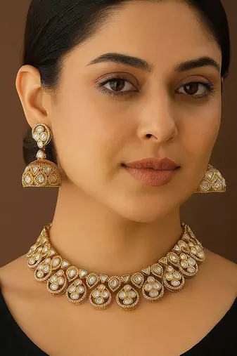 Premium moissanite polki necklace with intricate jhumka earrings traditional gold finish jewelry by treemoda