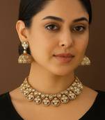 Premium moissanite polki necklace with intricate jhumka earrings traditional gold finish jewelry by treemoda