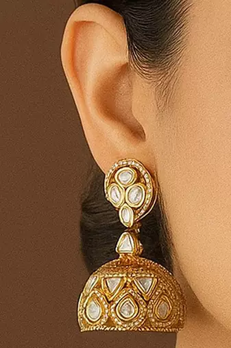 Premium moissanite polki necklace with intricate jhumka earrings traditional gold finish jewelry by treemoda