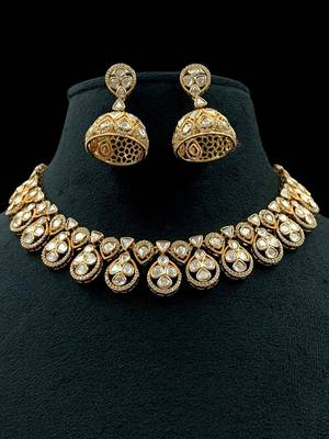 Premium moissanite polki necklace with intricate jhumka earrings traditional gold finish jewelry by treemoda 3