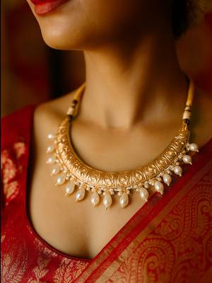 Antique gold-tone engraved necklace with pearl drops & matching earrings traditional gold finish jewelry by treemoda 1