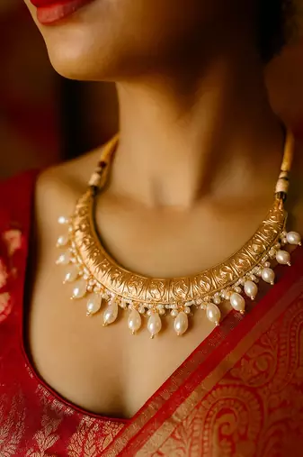Antique gold-tone engraved necklace with pearl drops & matching earrings traditional gold finish jewelry by treemoda
