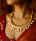 Antique gold-tone engraved necklace with pearl drops & matching earrings traditional gold finish jewelry by treemoda