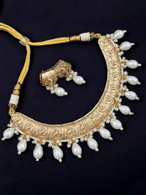 Antique gold-tone engraved necklace with pearl drops & matching earrings traditional gold finish jewelry by treemoda 2