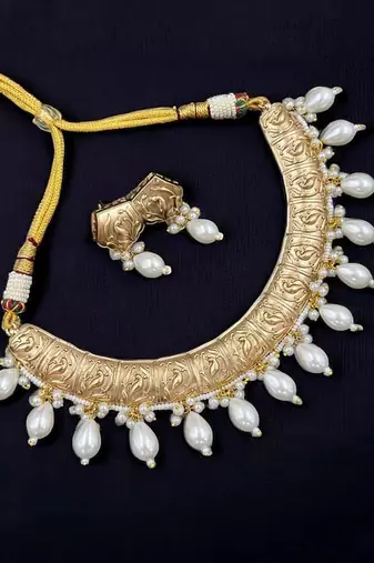 Antique gold-tone engraved necklace with pearl drops & matching earrings traditional gold finish jewelry by treemoda