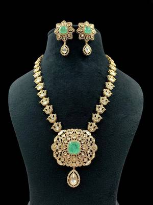 Royal necklace set with green stone centerpiece & matching earrings traditional gold finish jewelry by treemoda 1