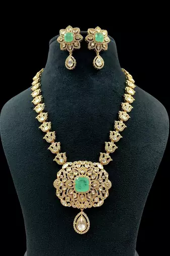 Royal necklace set with green stone centerpiece & matching earrings traditional gold finish jewelry by treemoda