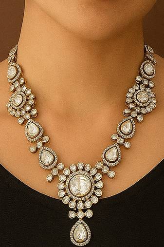 Grand kundan polki necklace with circular floral motifs & matching earrings traditional gold finish jewelry by treemoda