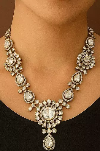 Grand kundan polki necklace with circular floral motifs & matching earrings traditional gold finish jewelry by treemoda