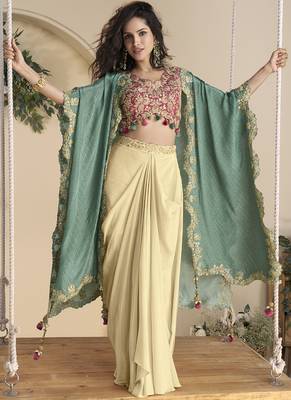Beige real chinon silk embroidered shrug stytle western suit 1