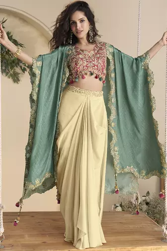 Beige real chinon silk embroidered shrug stytle western suit