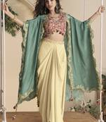 Beige real chinon silk embroidered shrug stytle western suit