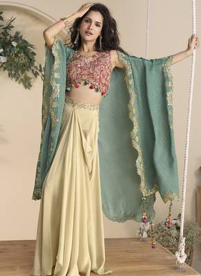 Beige real chinon silk embroidered shrug stytle western suit 2