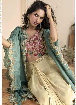 Beige real chinon silk embroidered shrug stytle western suit 3