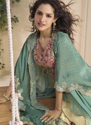 Beige real chinon silk embroidered shrug stytle western suit 4