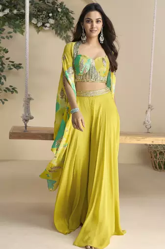 Yellow real chinon silk embroidered shrug stytle western suit