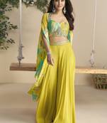 Yellow real chinon silk embroidered shrug stytle western suit