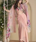 Peach real chinon silk embroidered shrug stytle western suit