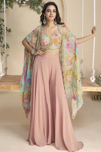 Peach real chinon silk embroidered shrug stytle western suit