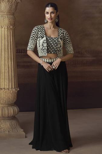 Black real chinon silk embroidered jacket stytle plazzo suit