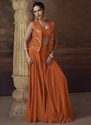 Orange real chinon silk embroidered jacket stytle Palazzo suit 1