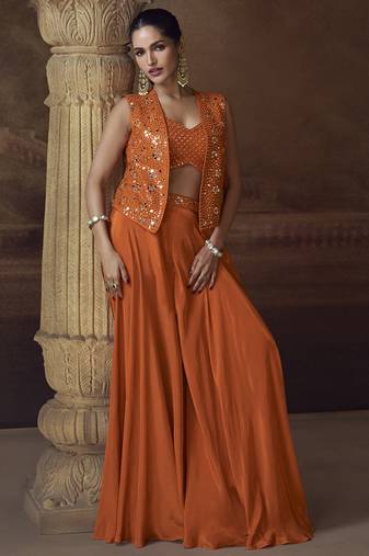 Orange real chinon silk embroidered jacket stytle plazzo suit