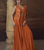 Orange real chinon silk embroidered jacket stytle Palazzo suit