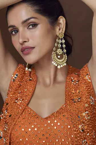 Orange real chinon silk embroidered jacket stytle Palazzo suit