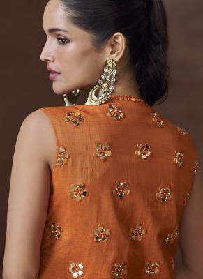 Orange real chinon silk embroidered jacket stytle Palazzo suit 3