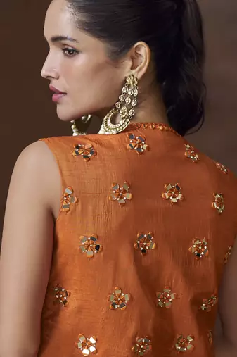 Orange real chinon silk embroidered jacket stytle Palazzo suit