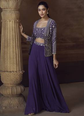 Violet real chinon silk embroidered jacket stytle Palazzo suit 1