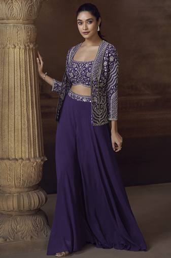 Violet real chinon silk embroidered jacket stytle plazzo suit
