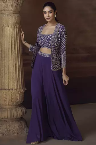 Violet real chinon silk embroidered jacket stytle plazzo suit