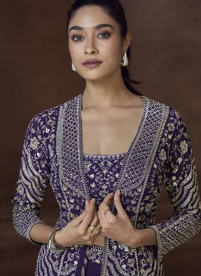 Violet real chinon silk embroidered jacket stytle Palazzo suit 3
