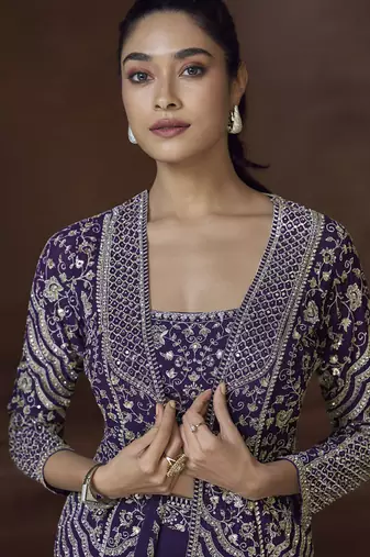 Violet real chinon silk embroidered jacket stytle Palazzo suit