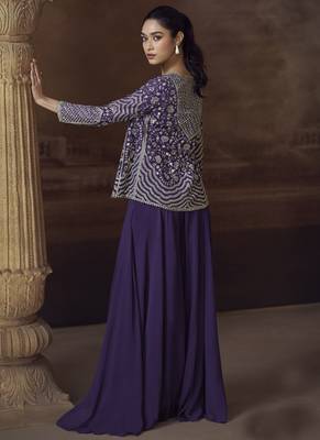 Violet real chinon silk embroidered jacket stytle Palazzo suit 4