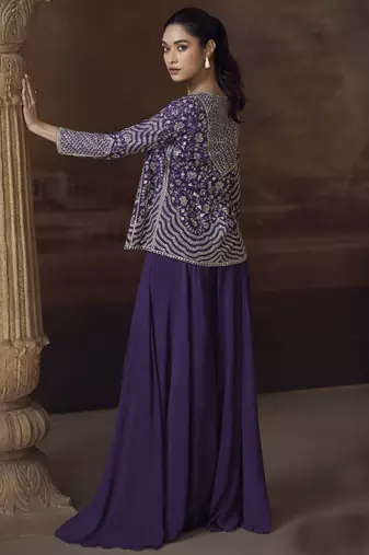 Violet real chinon silk embroidered jacket stytle Palazzo suit