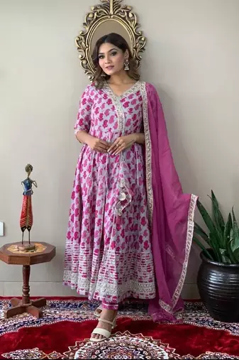 Pink angrakha Style Embroidered Anarkali Kurti Pant Dupatta Set