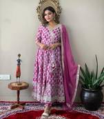 Pink angrakha Style Embroidered Anarkali Kurti Pant Dupatta Set