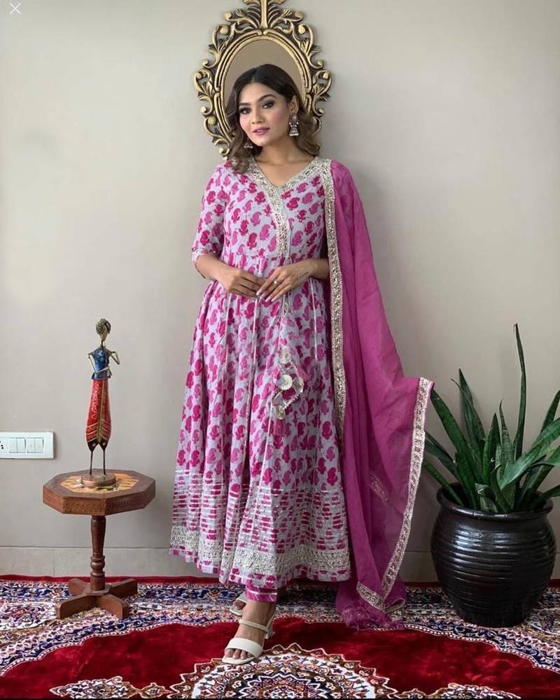 Pink angrakha Style Embroidered Anarkali Kurti Pant Dupatta Set