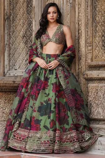 tantalizing green floral printed organza mehendi lehenga set choli with dupatta