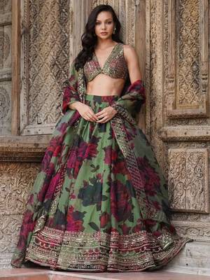tantalizing green floral printed organza mehendi lehenga set choli with dupatta 1