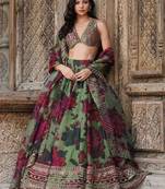 tantalizing green floral printed organza mehendi lehenga set choli with dupatta