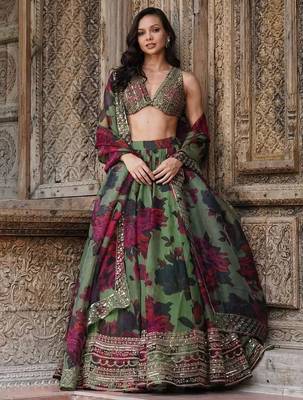 tantalizing green floral printed organza mehendi lehenga set choli with dupatta 2