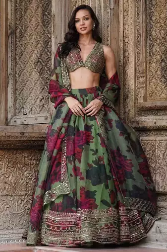 tantalizing green floral printed organza mehendi lehenga set choli with dupatta