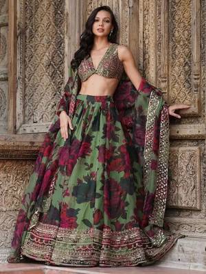 tantalizing green floral printed organza mehendi lehenga set choli with dupatta 3