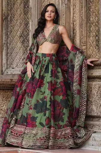 tantalizing green floral printed organza mehendi lehenga set choli with dupatta