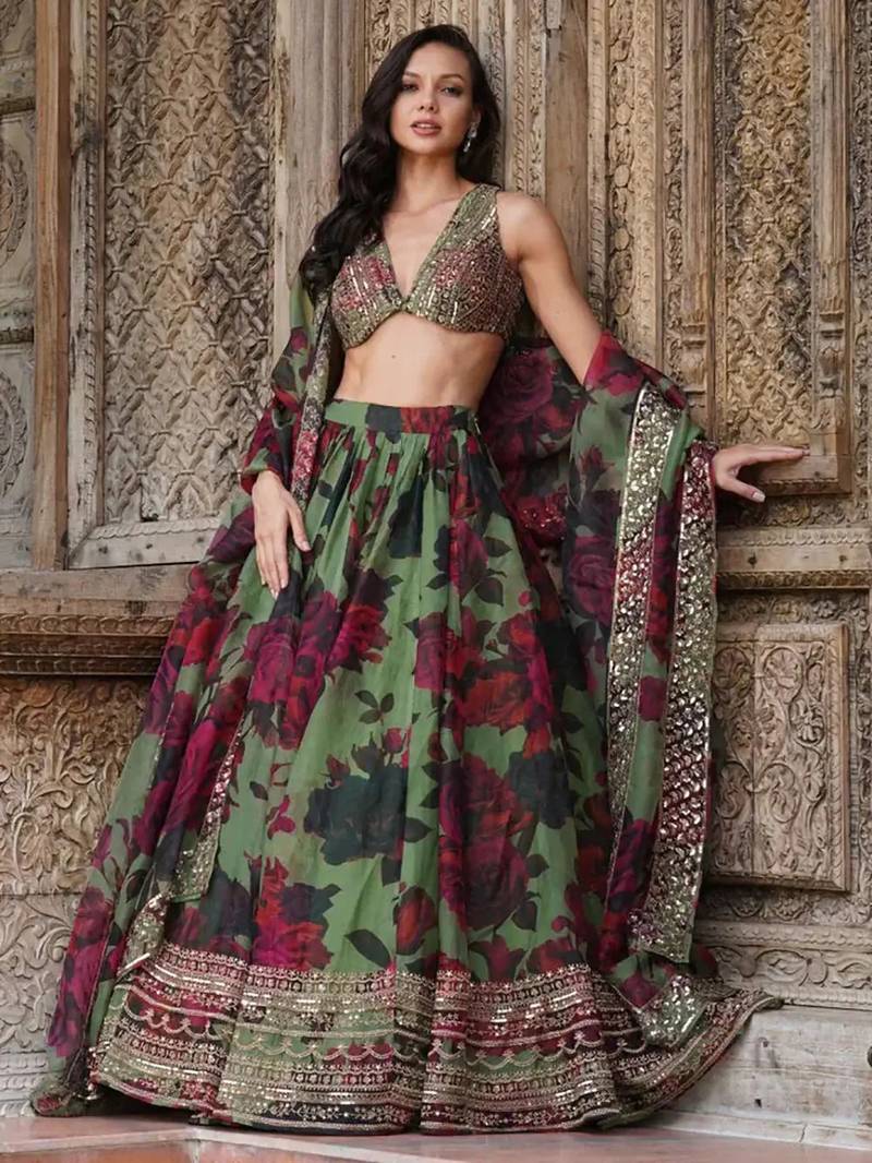 tantalizing green floral printed organza mehendi lehenga set choli with dupatta