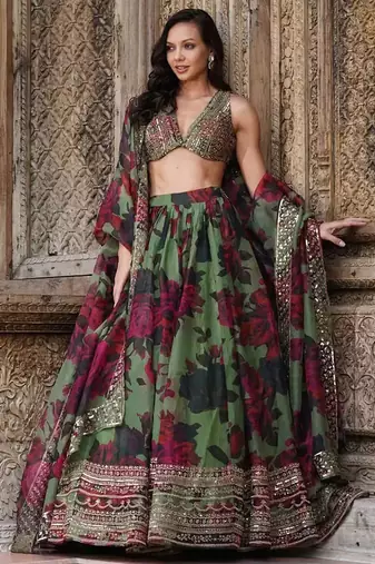 tantalizing green floral printed organza mehendi lehenga set choli with dupatta