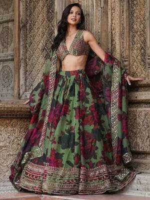 tantalizing green floral printed organza mehendi lehenga set choli with dupatta 5